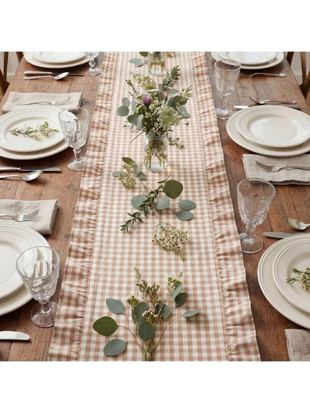 Brown Plaid Gingham Ruffle Table Runner 118x13.8'' - Farmhouse Rustic Decor